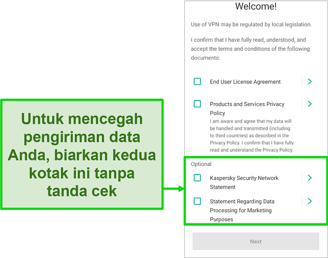 Tangkapan layar aplikasi seluler Kaspersky Antivirus yang menampilkan layar penyisihan pengumpulan data di menu selamat datang.