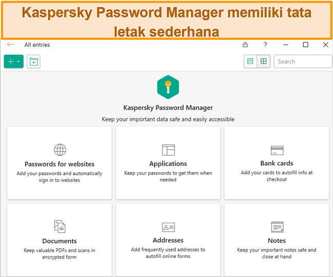 Tangkapan layar aplikasi Kaspersky Password Manager, dengan pilihan untuk menambahkan kata sandi, kartu bank, alamat, dan dokumen.