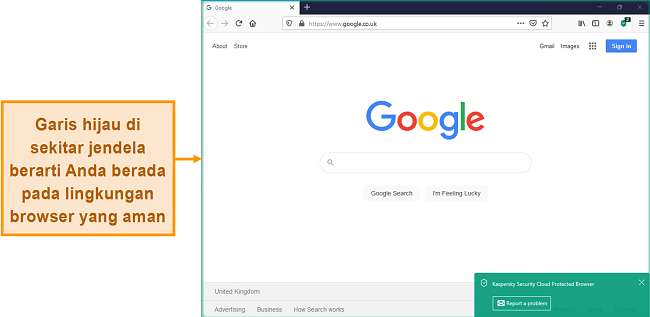 Tangkapan layar dari Kaspersky Security Cloud Protected Browser dengan pemberitahuan aman.