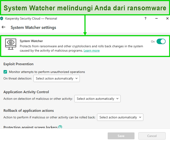 Tangkapan layar dari layar pengaturan Kaspersky System Watcher yang memungkinkan penyesuaian perlindungan ransomware.