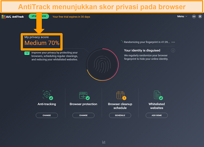 Tangkapan layar skor privasi AVG AntiTrack untuk browser web