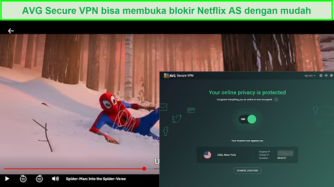 Tangkapan layar AVG SecureVPN yang membuka blokir Netflix AS