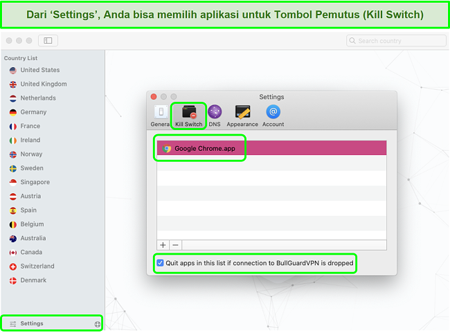 Tangkapan layar dari menu pengaturan VPN BullGuard mengaktifkan Kill Switch untuk Google Chrome