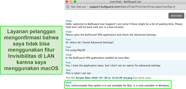 Tangkapan layar layanan pelanggan BullGuard VPN yang mengonfirmasi Gaib di LAN hanya tersedia di Windows
