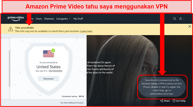 Tangkapan layar dari Amazon Prime Video tidak tersedia dengan BullGuard terhubung