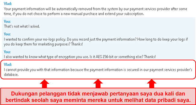 Tangkapan layar dukungan BullGuard tidak menjawab pertanyaan saya tentang informasi pembayaran, lalu memberi saya jawaban yang salah