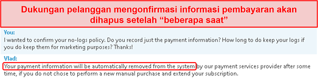 Tangkapan layar obrolan dukungan pelanggan yang mengklarifikasi bahwa mereka menyimpan informasi pembayaran dan menghapusnya setelah 