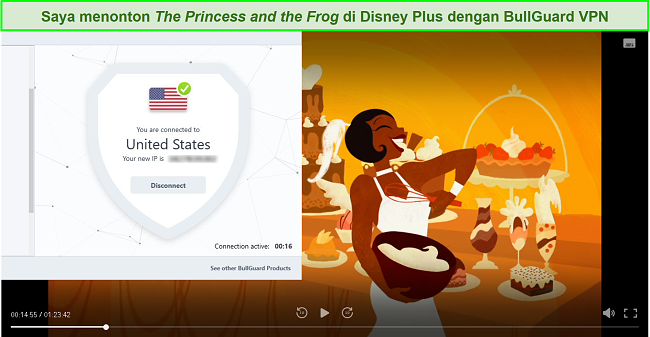 Tangkapan layar Putri dan Katak di Disney Plus dengan BullGuard terhubung