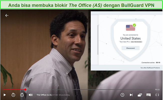 Cuplikan layar The Office di Netflix dengan BullGuard tersambung