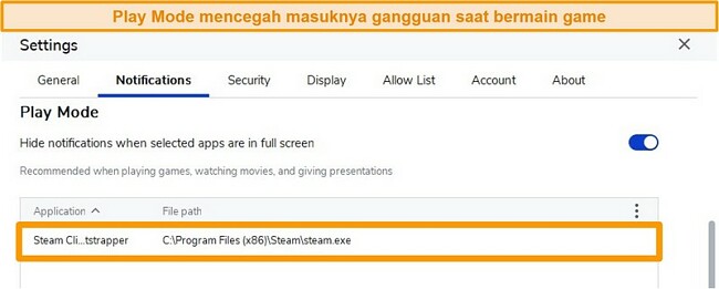 Tangkapan layar program antivirus Malwarebytes dengan Mode Putar diaktifkan untuk menghentikan pemberitahuan saat bermain game di aplikasi seperti Steam