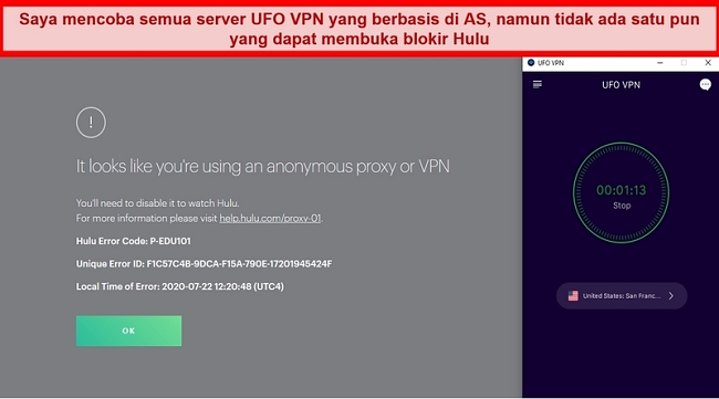 Hulu menampilkan kesalahan proxy saat terhubung ke server UFO VPN di San Francisco