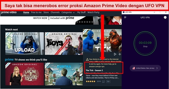 Tangkapan layar kesalahan proxy Amazon Prime Video saat terhubung ke server UFO VPN di New Jersey