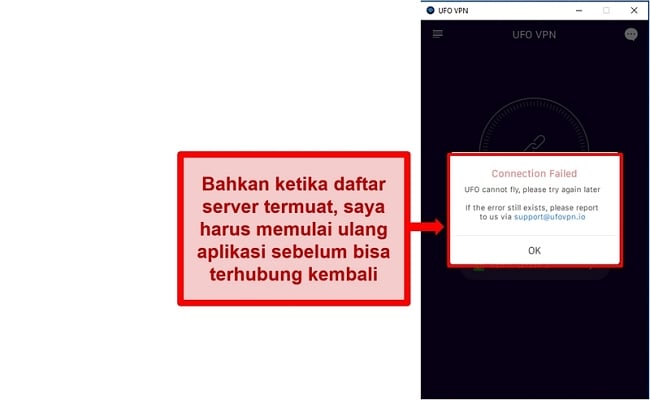 Tangkapan layar dari kesalahan koneksi UFO VPN