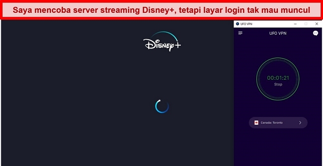  Tangkapan layar Disney + mencoba memuat saat UFO VPN terhubung ke server Kanada