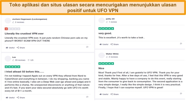 Tangkapan layar ulasan UFO VPN di Trustpilot.com