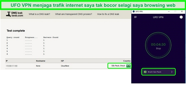 Tangkapan layar dari uji kebocoran DNS yang berhasil saat tersambung ke server UFO VPN di Brasil
