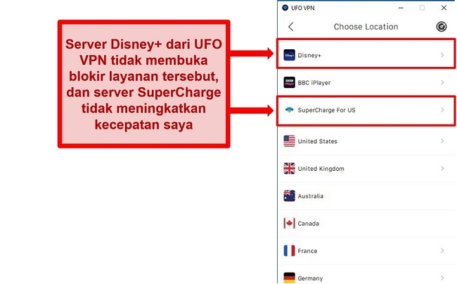 Tangkapan layar dari daftar server UFO VPN