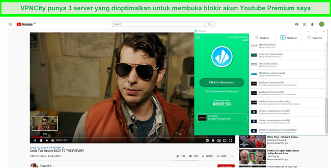 Tangkapan layar dari YouTube Premium yang diputar dalam HD saat terhubung ke server Streaming Premium YouTube VPNCity di Inggris