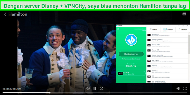 Tangkapan layar Hamilton bermain di Disney + saat terhubung ke server streaming DIsney Plus Australia VPNCity