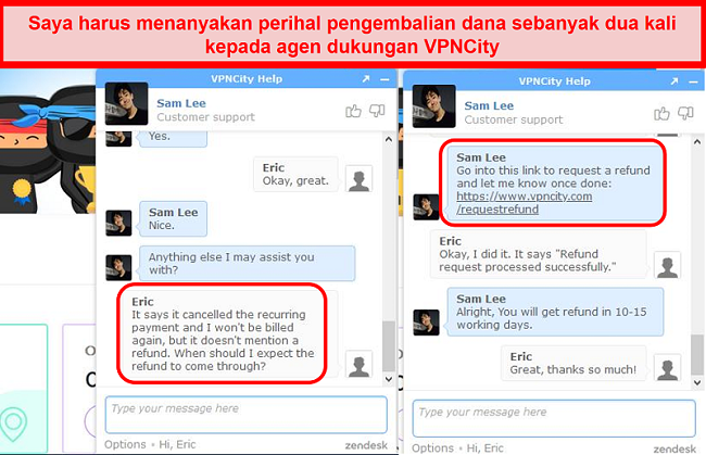 Tangkapan layar percakapan dengan obrolan langsung VPNCity yang menunjukkan proses permintaan pengembalian dana