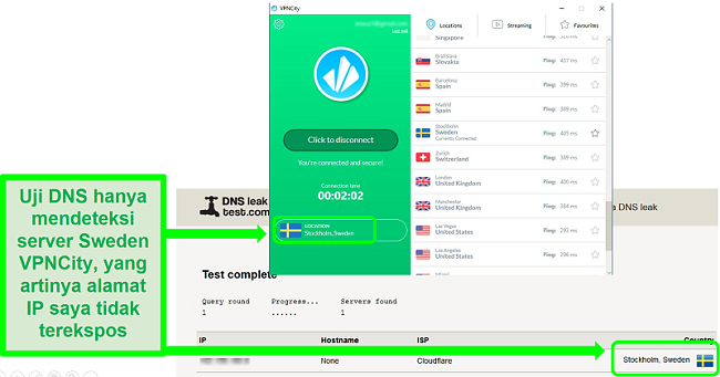 Tangkapan layar dari VPNCity yang tersambung ke server Swedia dan lulus uji kebocoran DNS