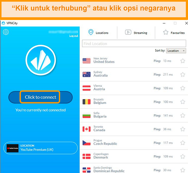 Tangkapan layar dari antarmuka VPNCity