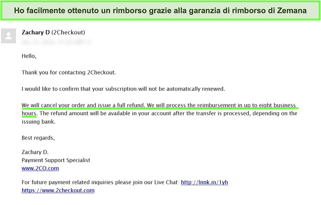 Screenshot di un utente che richiede un rimborso dall'antivirus Zemana tramite e-mail utilizzando la garanzia di rimborso