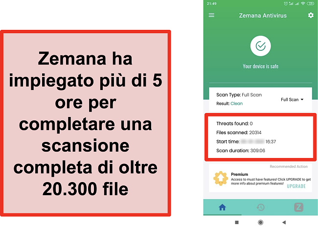 Screenshot dei risultati della scansione completa di Zemana su Android.