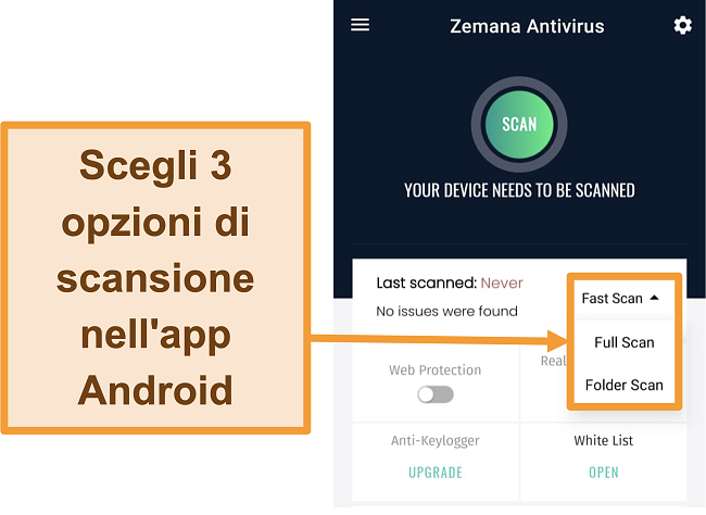 Screenshot dell'app Android di Zemana con i tipi di scansione evidenziati.