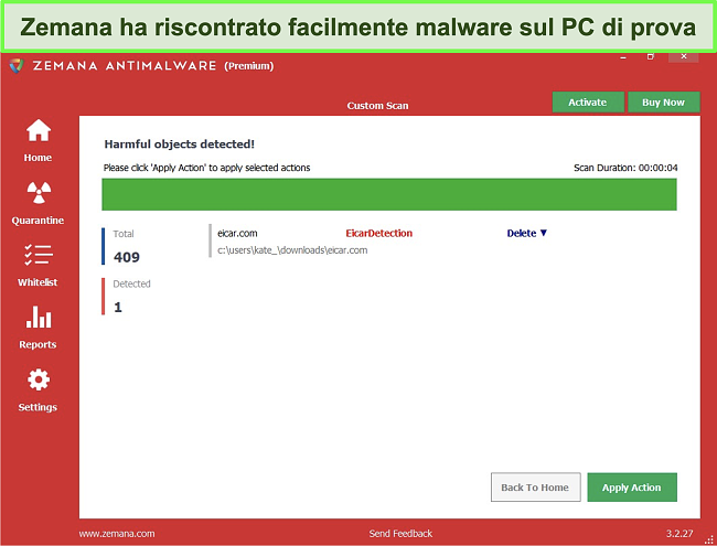 Screenshot della scansione approfondita di Zemana della cartella dei download, con malware rilevato.