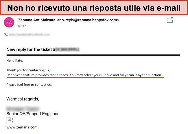 Screenshot della risposta e-mail a un ticket di assistenza clienti online che fornisce informazioni errate.