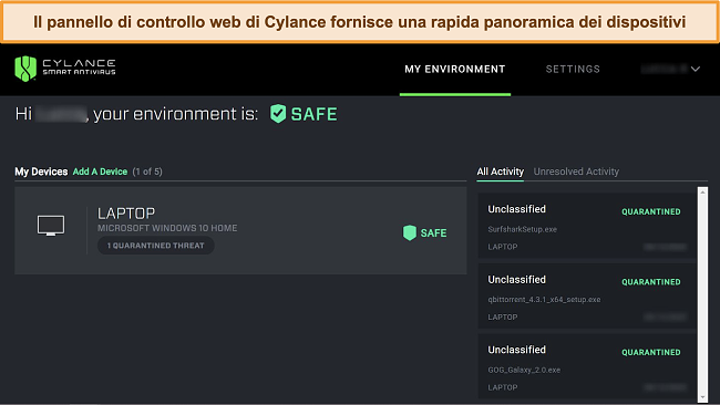 Screenshot della dashboard basata sul web di Cylance che mostra l'attuale livello di sicurezza dei dispositivi collegati e quali minacce sono state rilevate.