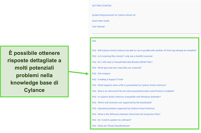 Screenshot della knowledge base di Cylance con le FAQ.