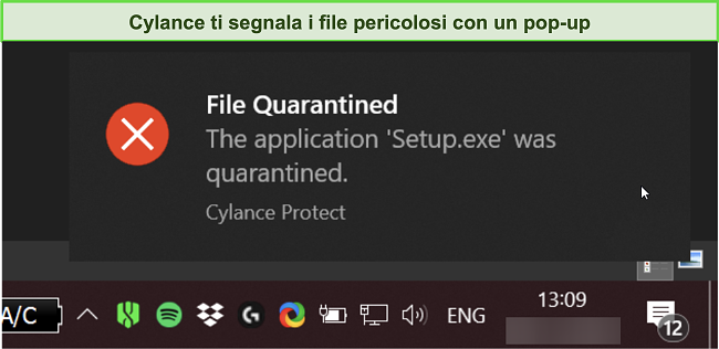 Screenshot dell'avviso di rilevamento malware di Cylance.