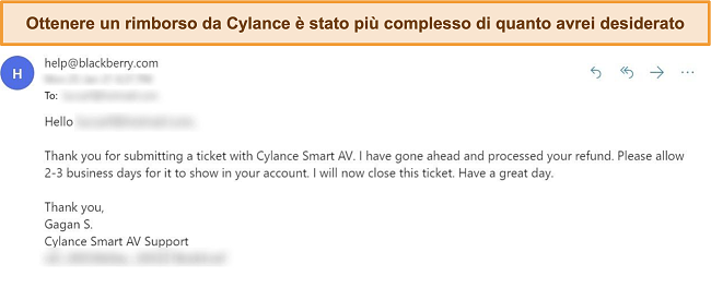 Screenshot della risposta e-mail di Cylance a una richiesta di rimborso.