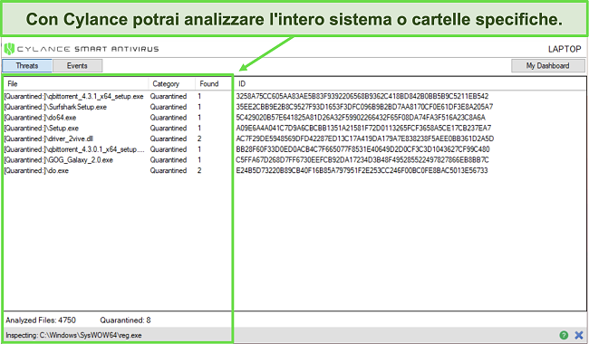 Screenshot della scansione e dei risultati del sistema di Cylance.