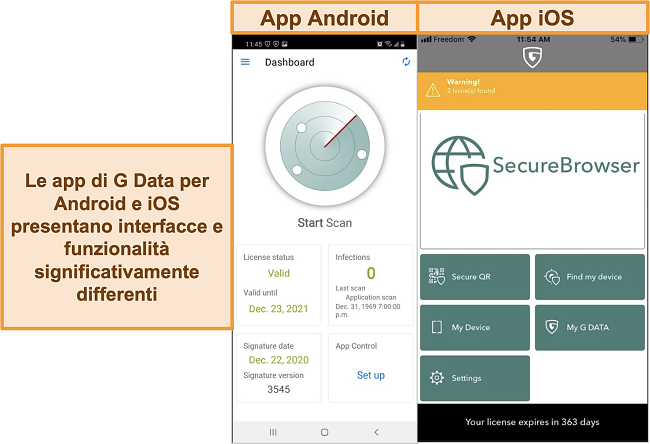 Screenshot delle app G Data per Android e iOS