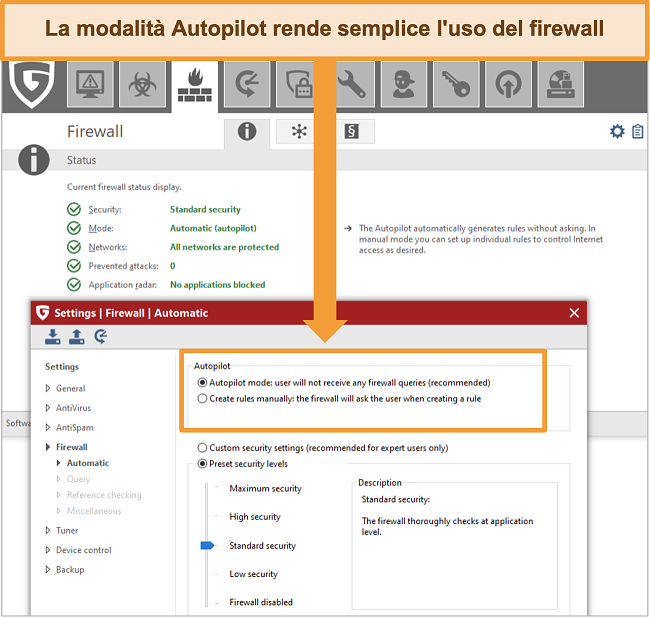 Screenshot delle impostazioni del firewall di G Data