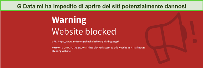 Screenshot di G Data che blocca l'accesso a un sito dannoso