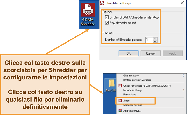 Screenshot delle impostazioni di G Data Shredder