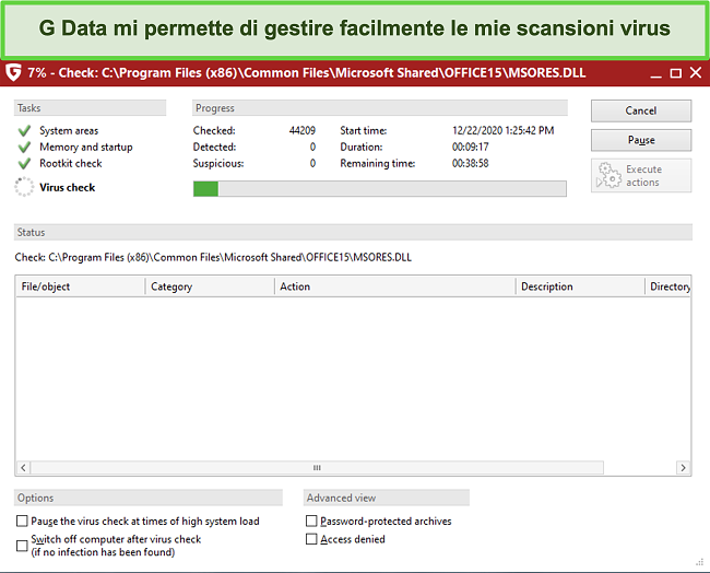 Screenshot della scansione antivirus di G Data in corso