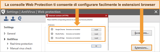 Screenshot delle impostazioni dell'estensione del browser G Data