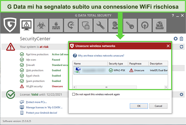 Screenshot di G Data che segnala una connessione WiFi non protetta