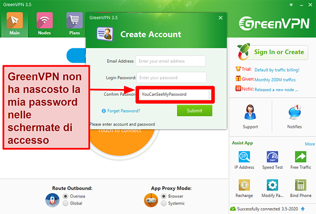  Screenshot dell'interfaccia GreenVPN che mostra la creazione dell'account e la schermata di accesso