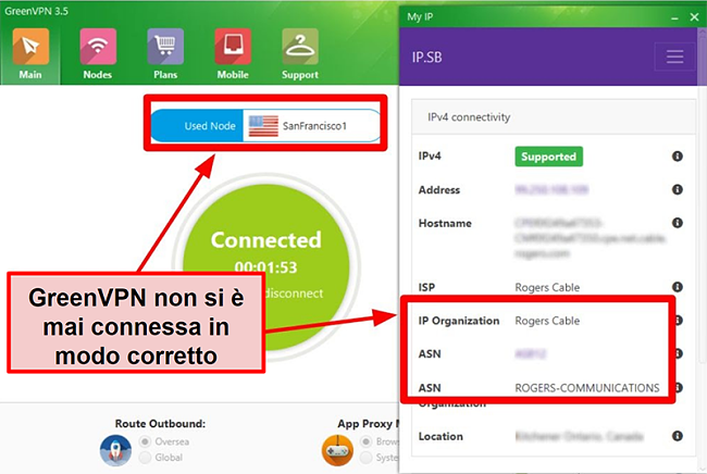 Screenshot dell'interfaccia GreenVPN che mostra le connessioni al server e le impostazioni IP