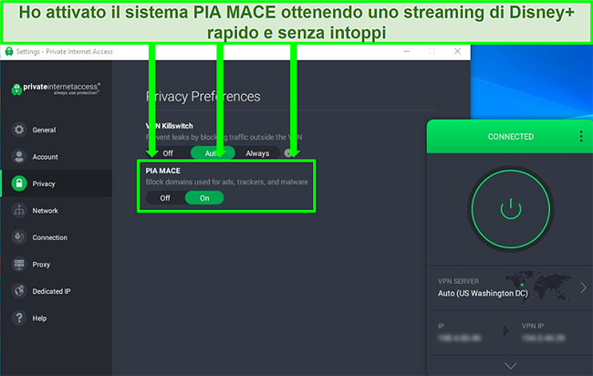 Screenshot dell'interfaccia utente di PIA che mostra l'opzione PIA MACE abilitata