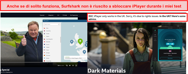 Screenshot di NordVPN che sblocca con successo BBC iPlayer e Surfshark non riesce a farlo.