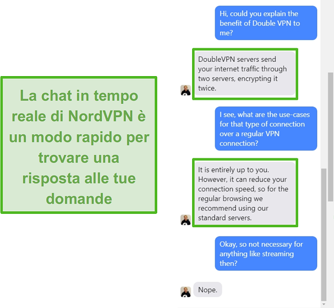 Screenshot dell'assistenza in live chat di NordVPN.