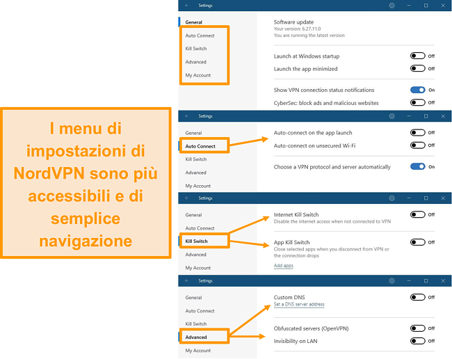 Screenshot dei menu desktop di NordVPN.