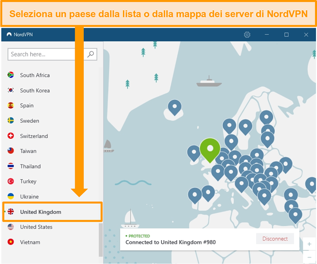 Screenshot di NordVPN connesso a un server del Regno Unito.